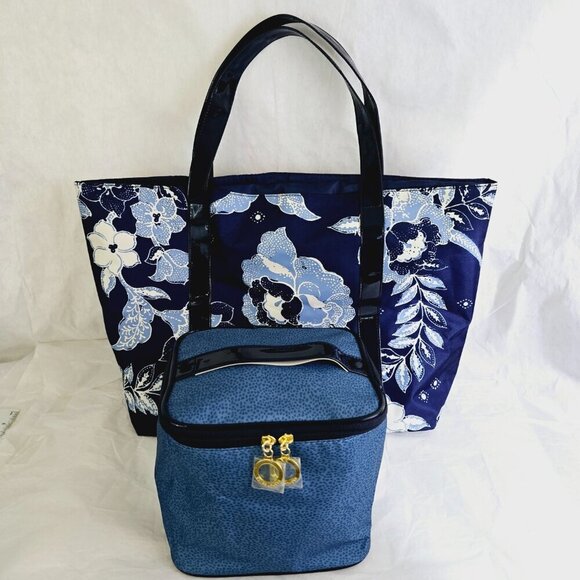 Estee Lauder Open Tote & Cube  Zip Makeup with handle Bag Combo Blue Floral NWOT - Picture 1 of 15